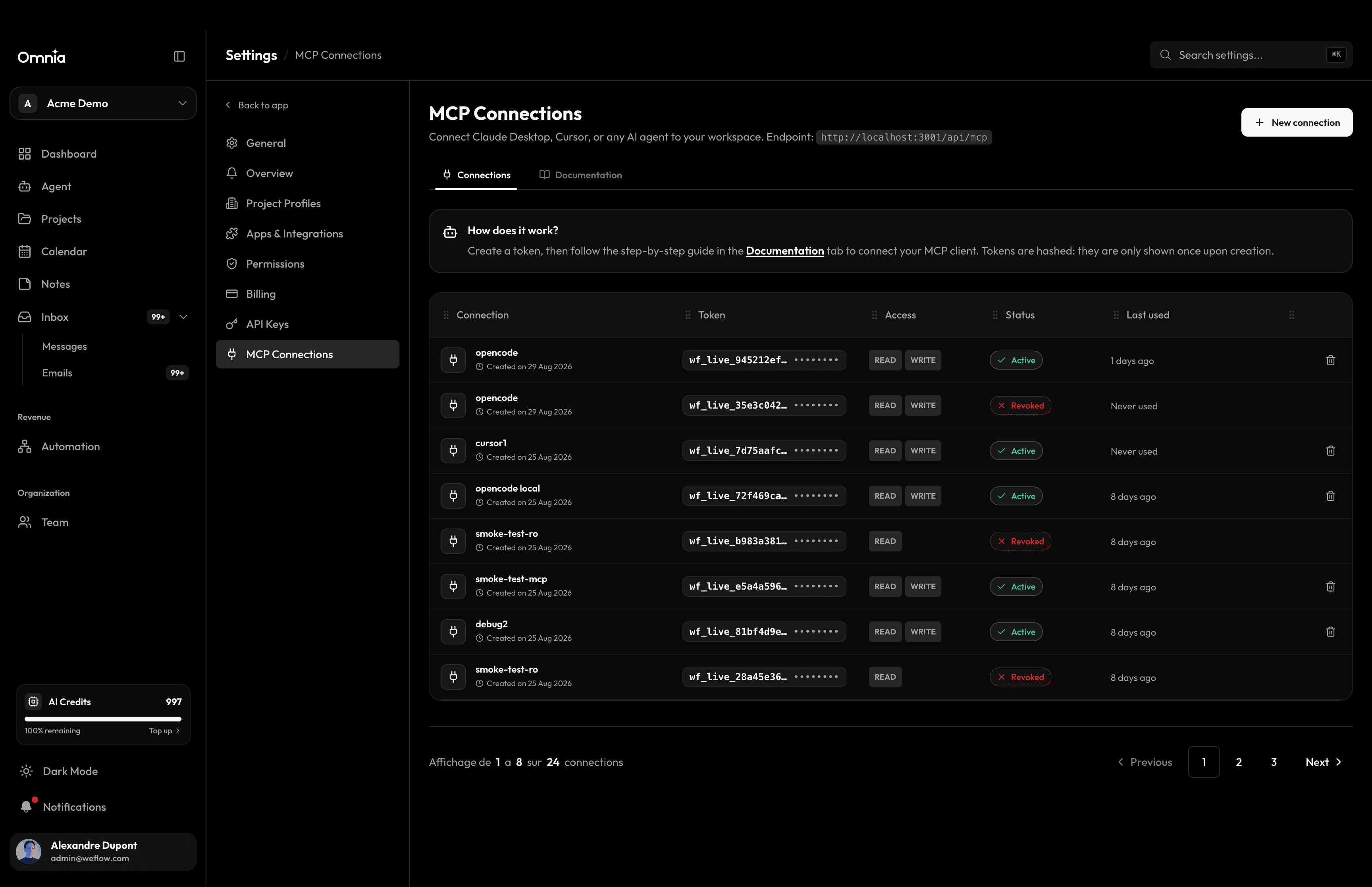 MCP token management in settings