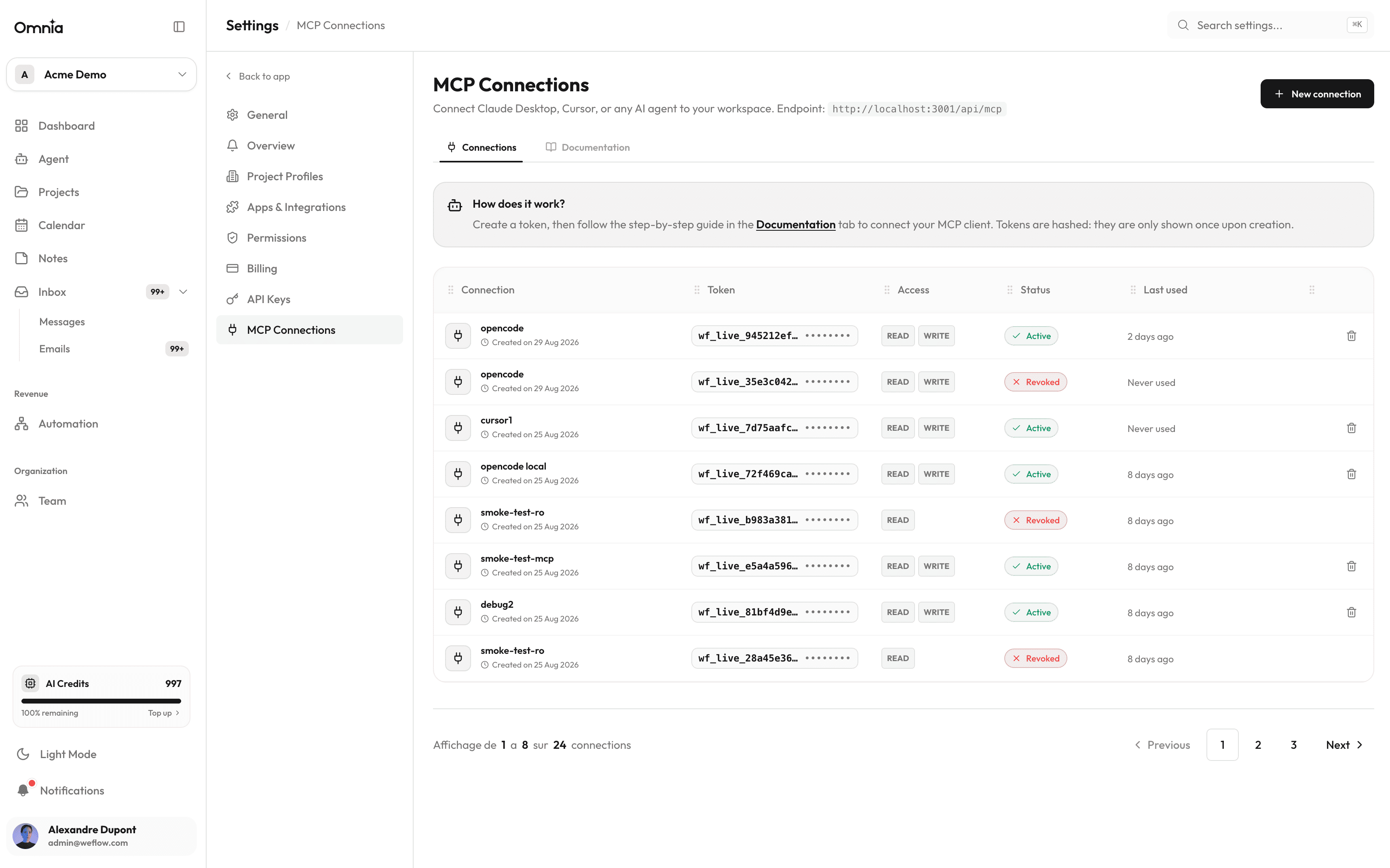 MCP token management in settings