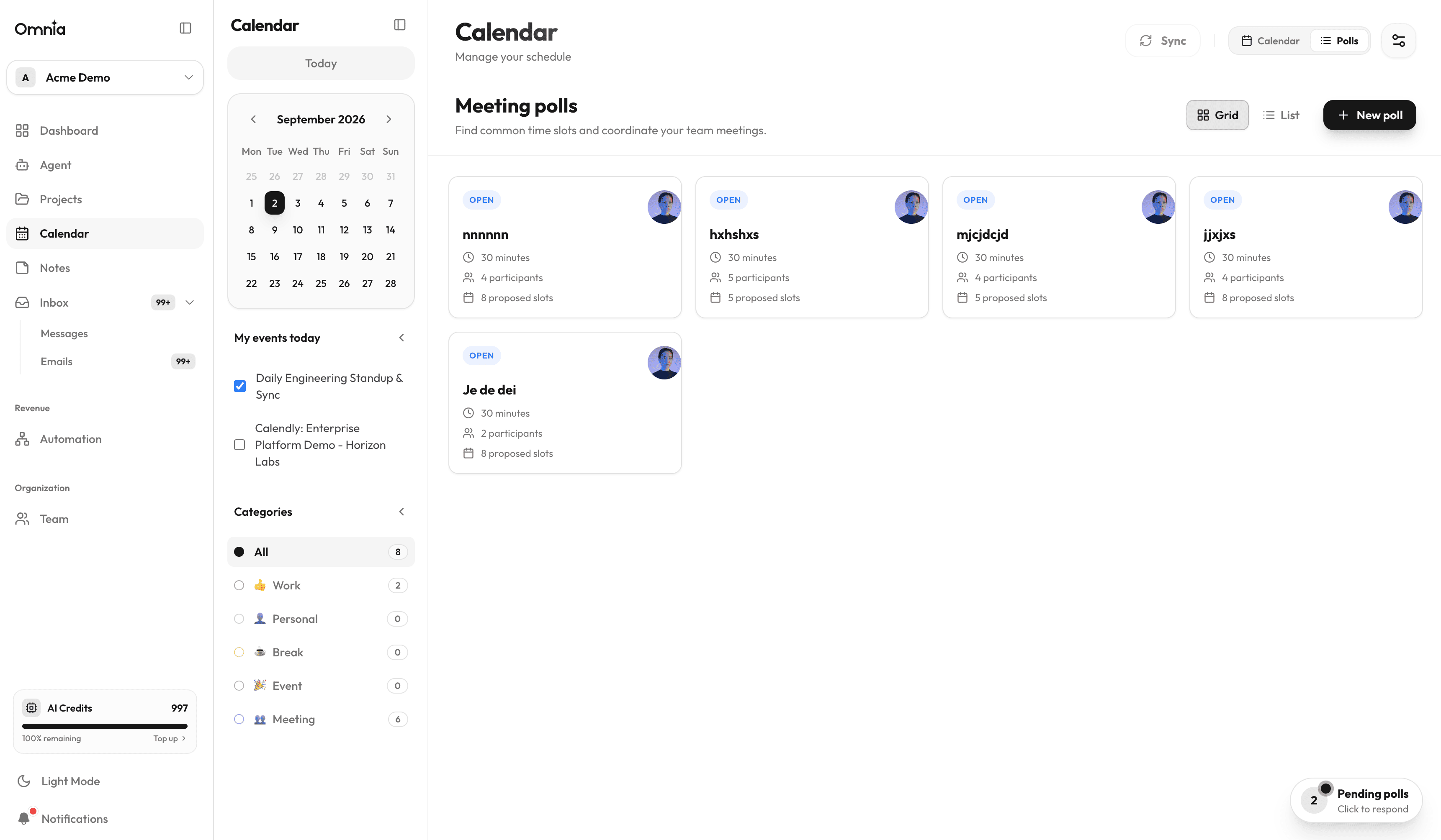 Meeting poll dashboard and management